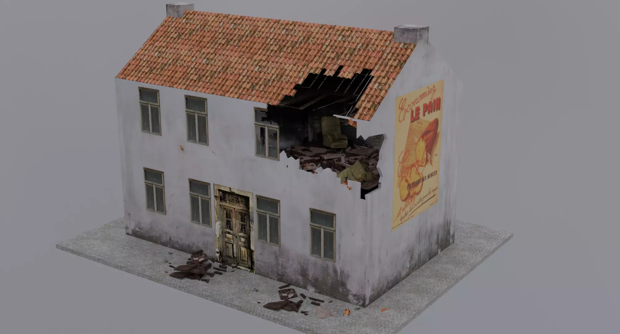 World War 2 Damaged Building Low-poly 3D model