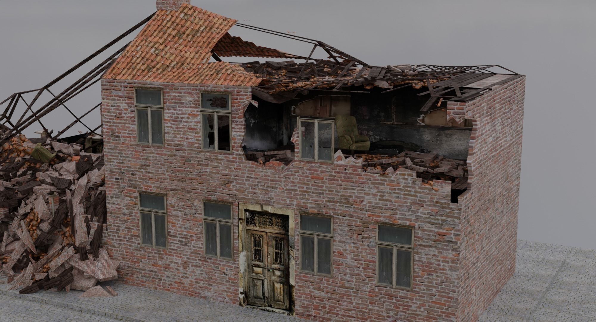 World War 2 Damaged Building Low-poly 3D model_6