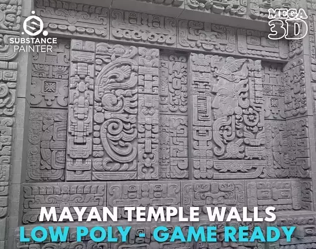 Low poly Gray Mayan Temple Wall 230731 Low-poly 3D model