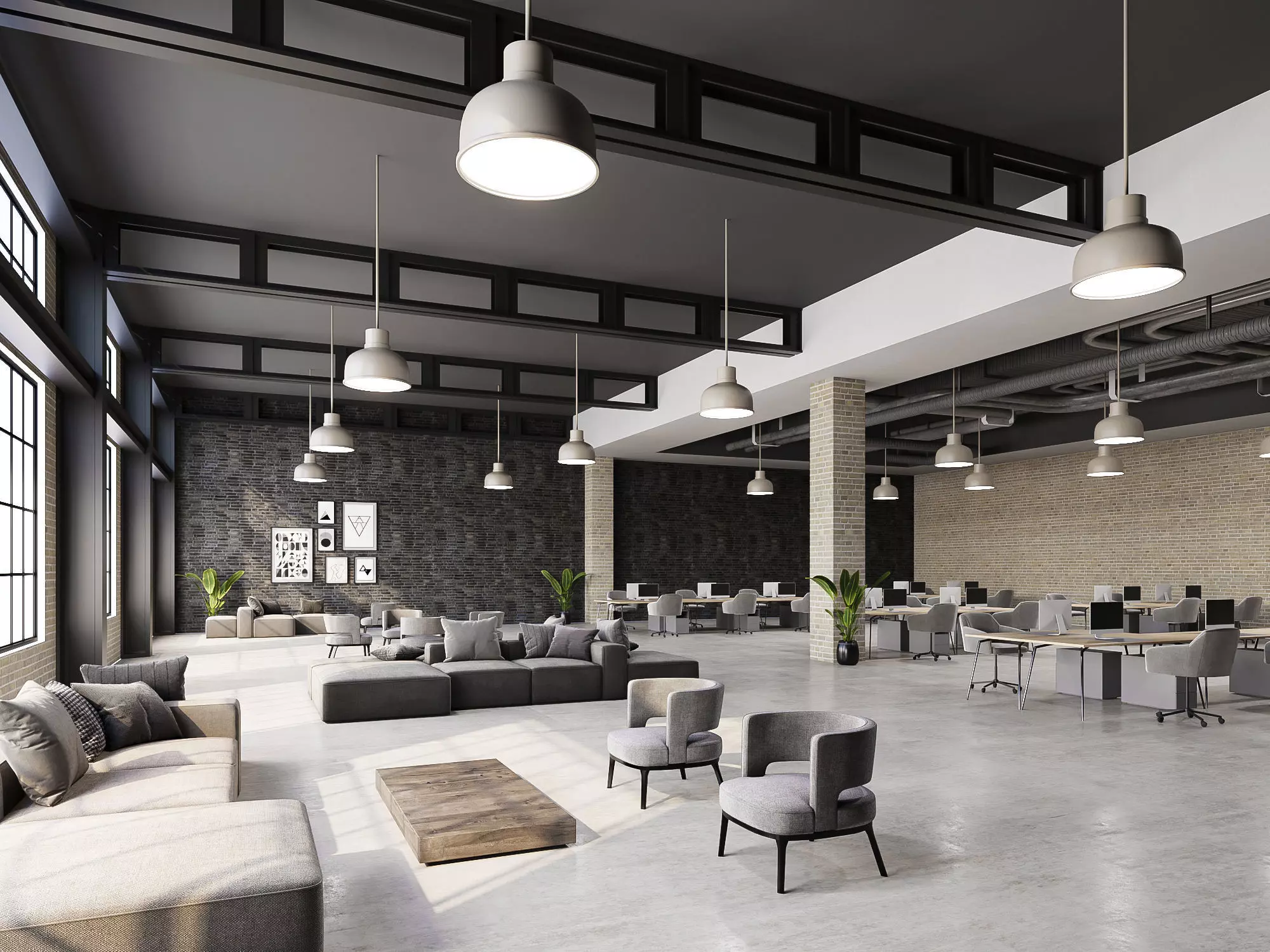 interior scene loft office 02 with furniture 3D model_0