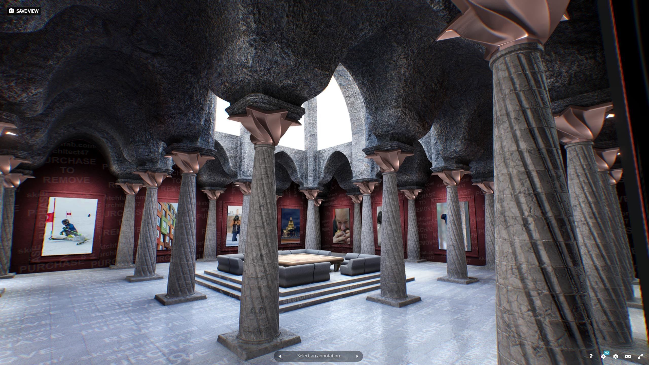 Virtual Gallery Red Column Hall Low-poly 3D model_2