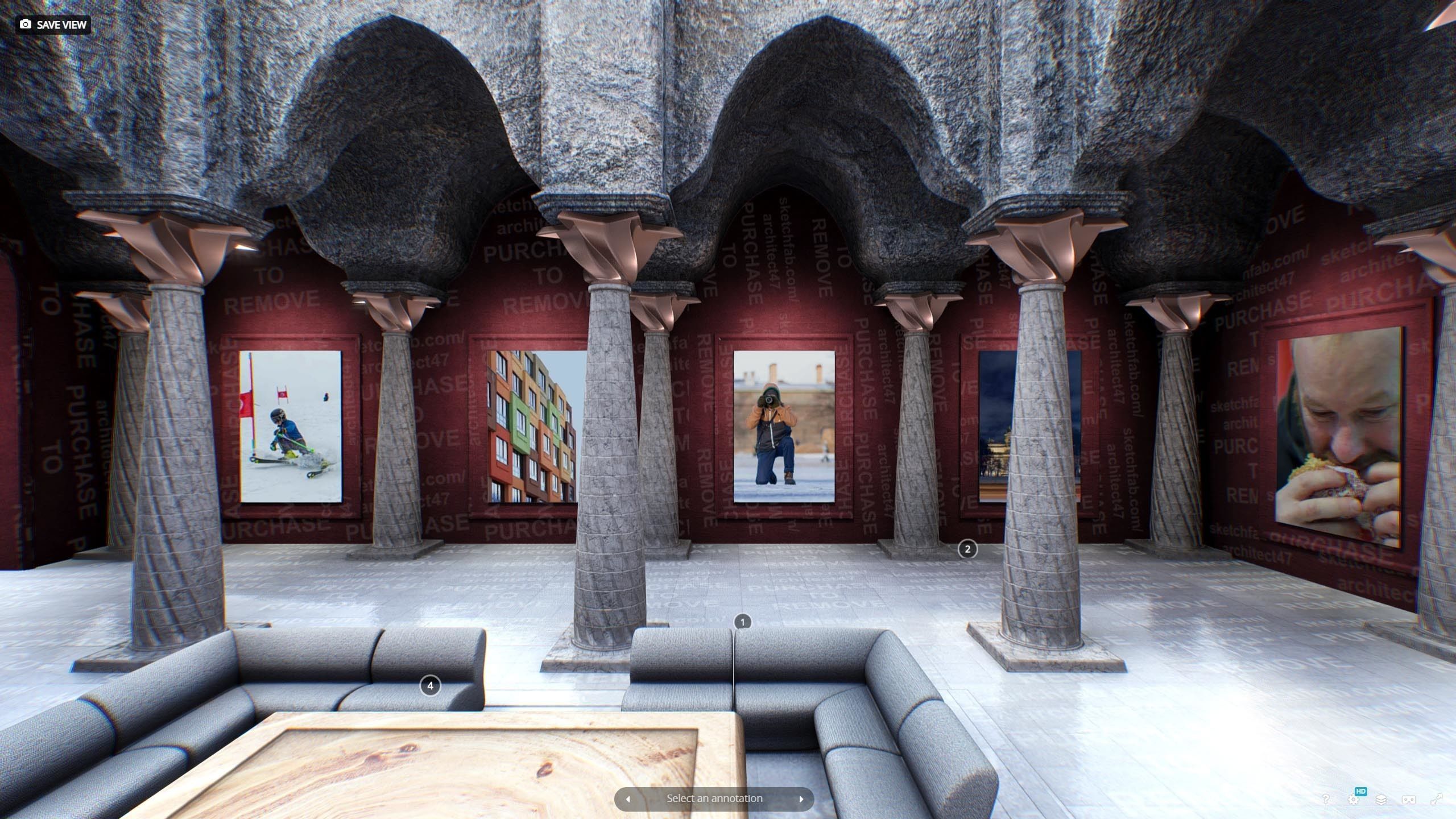 Virtual Gallery Red Column Hall Low-poly 3D model_4