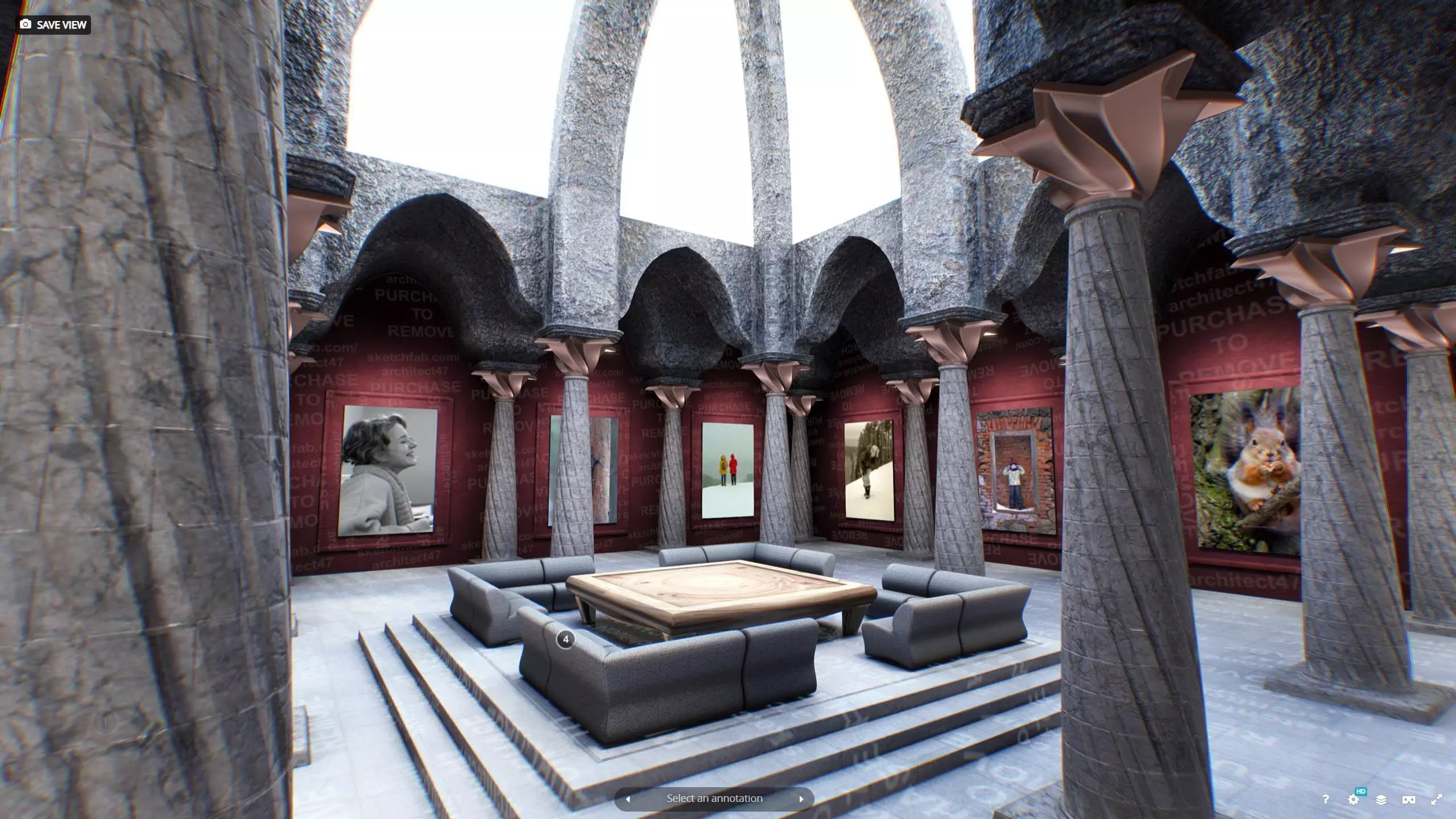 Virtual Gallery Red Column Hall Low-poly 3D model_0