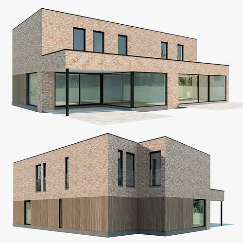 Modern House 02 light brick and wood 3D model