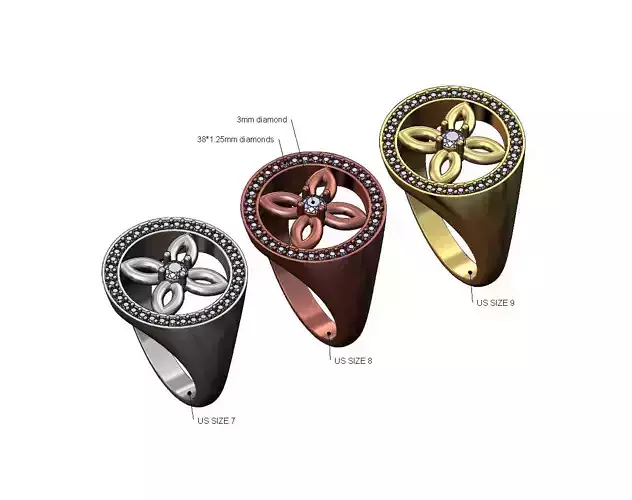 Diamond Celtic flower open top round signet ring US sizes 7 8 9