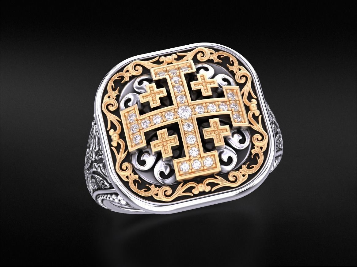 Ring with patterns and a cross ancient stylish 237v2 3D print model_4