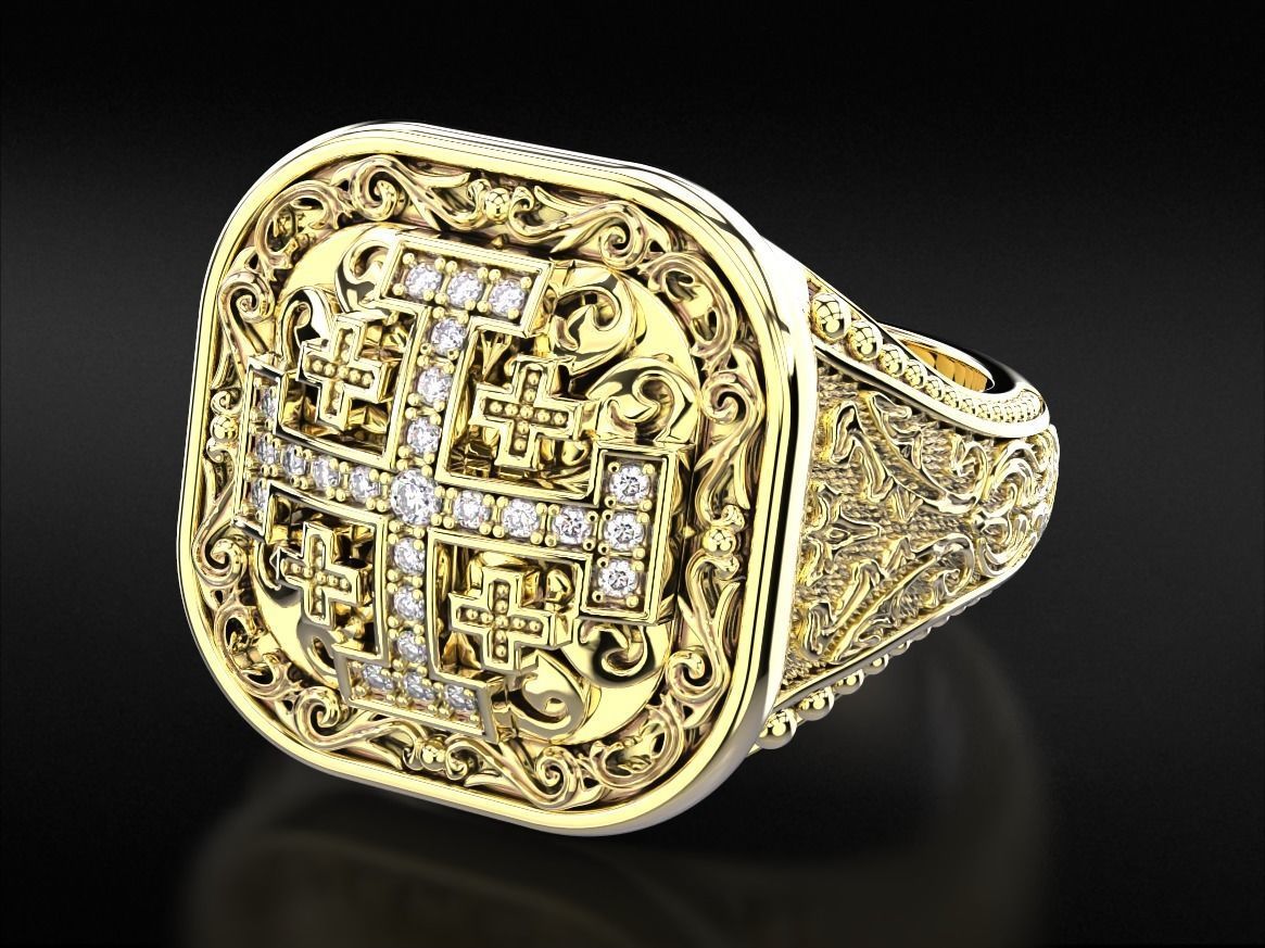 Ring with patterns and a cross ancient stylish 237v2 3D print model_3