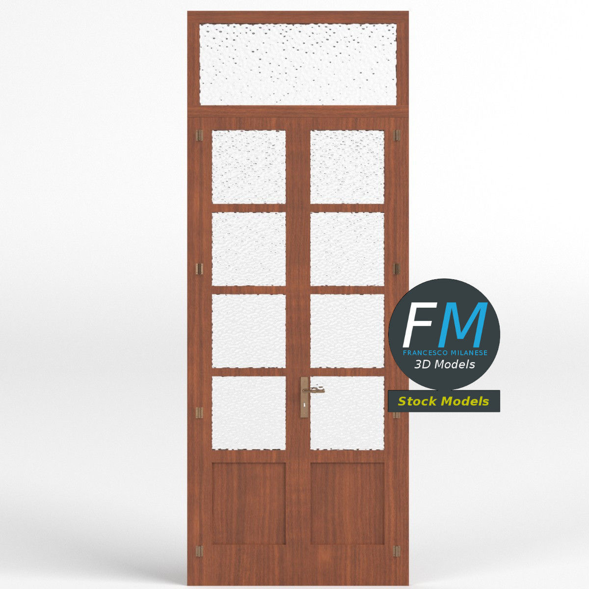 Wooden door with glass panels and transom 3D model_3