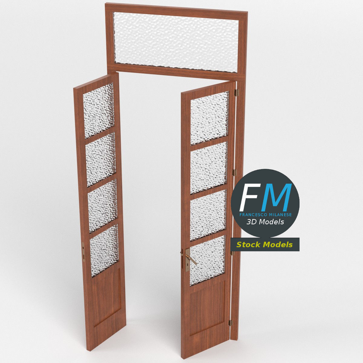 Wooden door with glass panels and transom 3D model_2