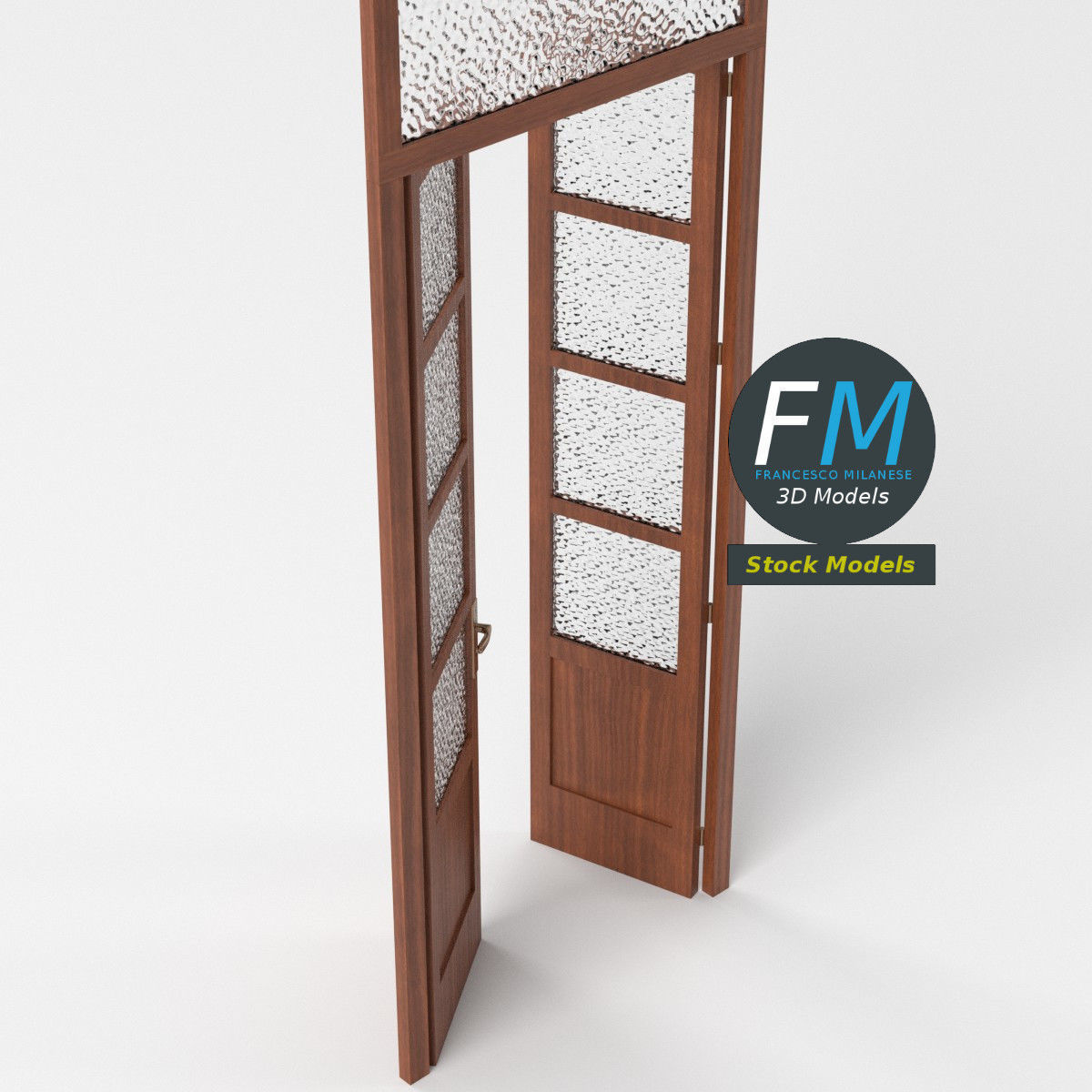 Wooden door with glass panels and transom 3D model_5