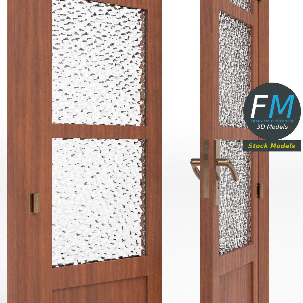 Wooden door with glass panels and transom 3D model_4
