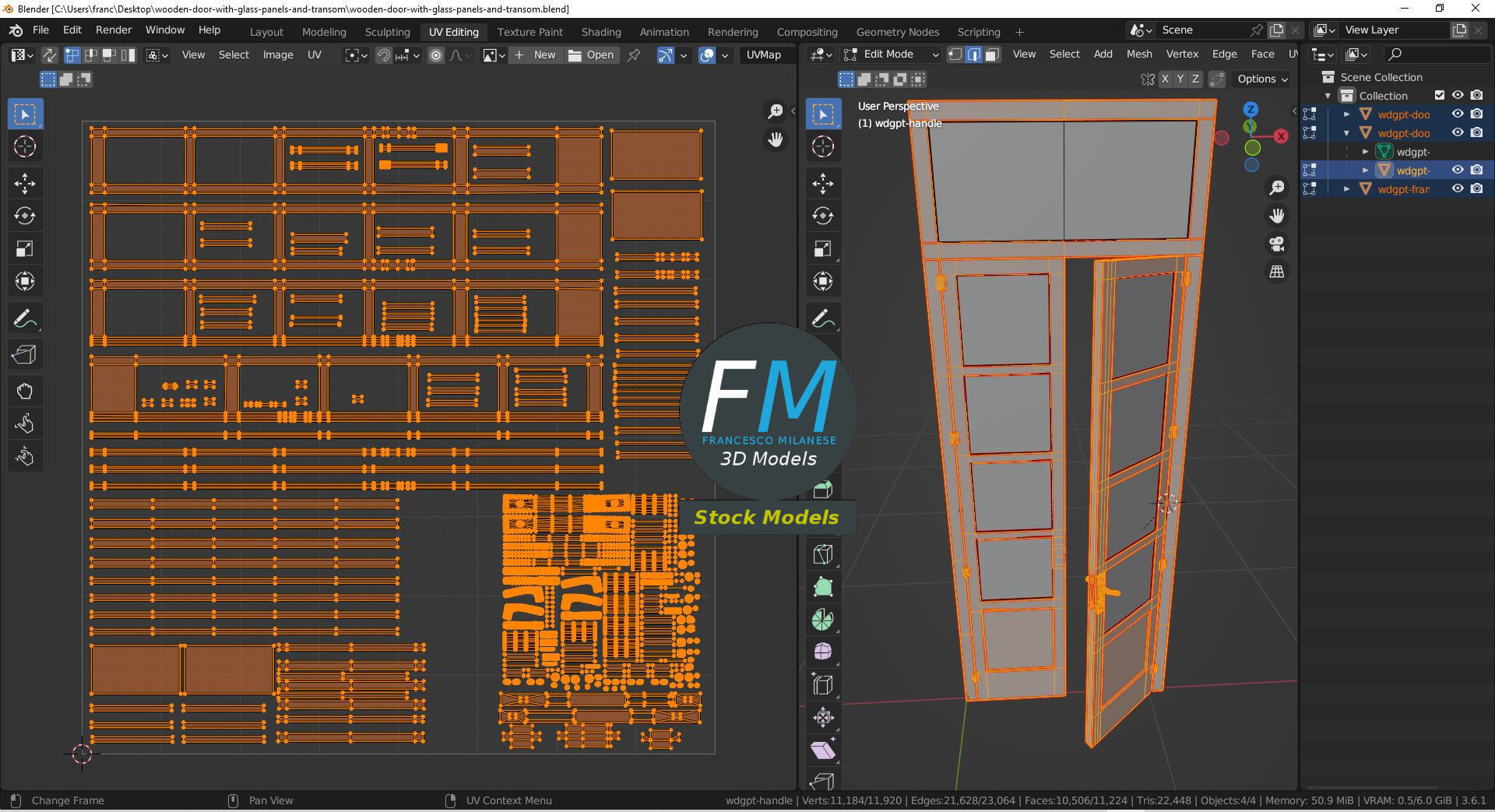 Wooden door with glass panels and transom 3D model_10