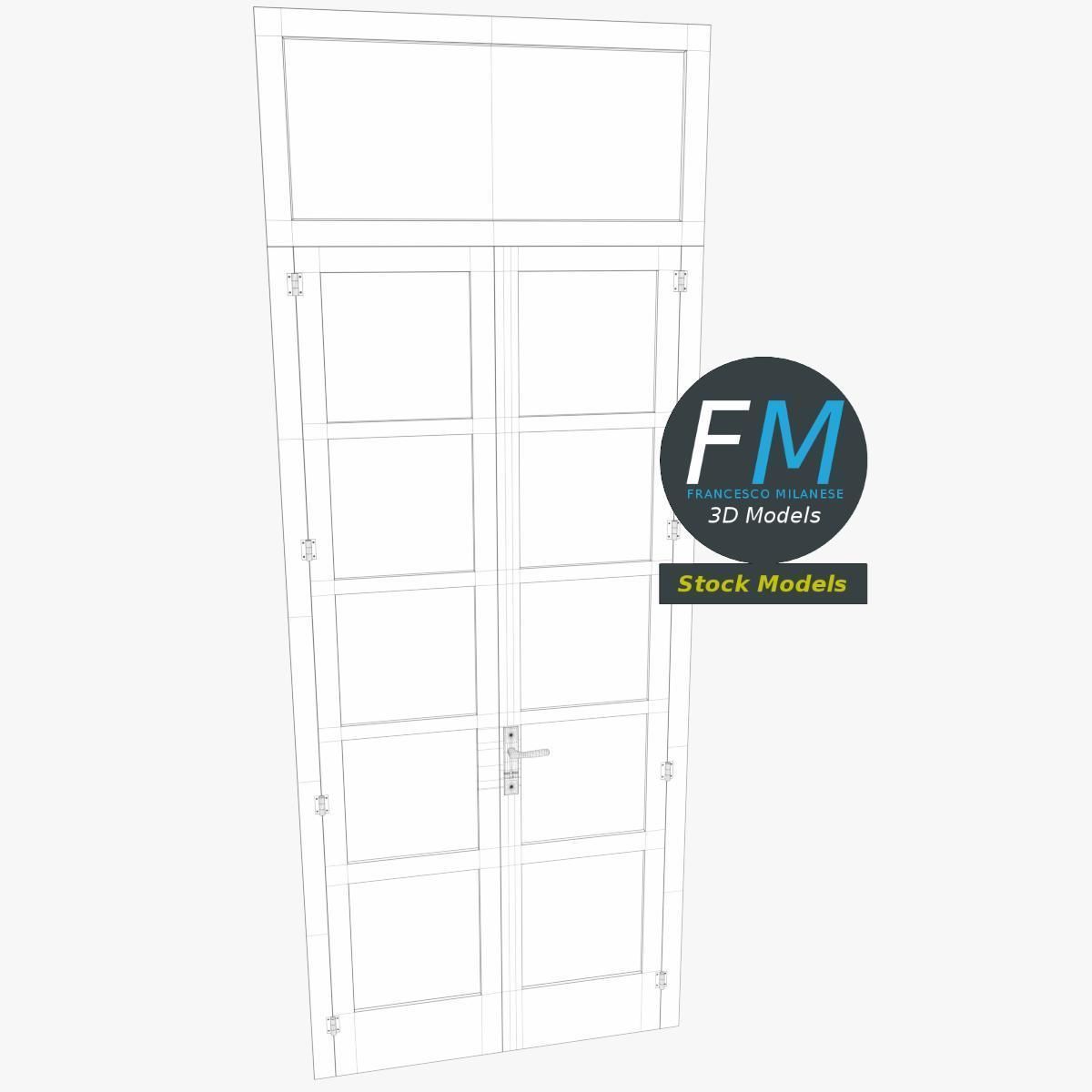 Wooden door with glass panels and transom 3D model_7