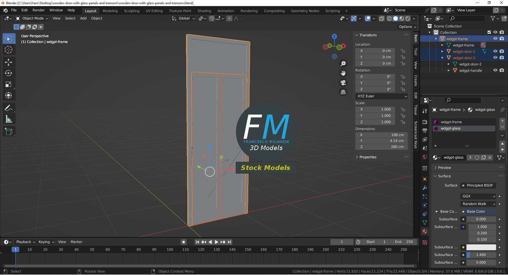 Wooden door with glass panels and transom 3D model_9