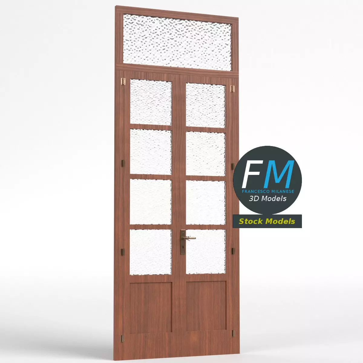 Wooden door with glass panels and transom 3D model_0