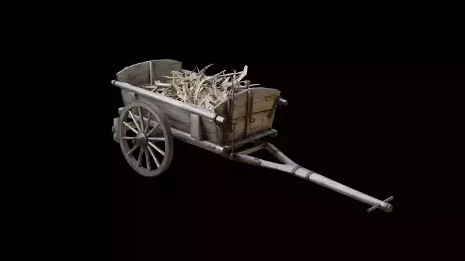 Wooden Cart with sticks Loaded Low poly 3D model