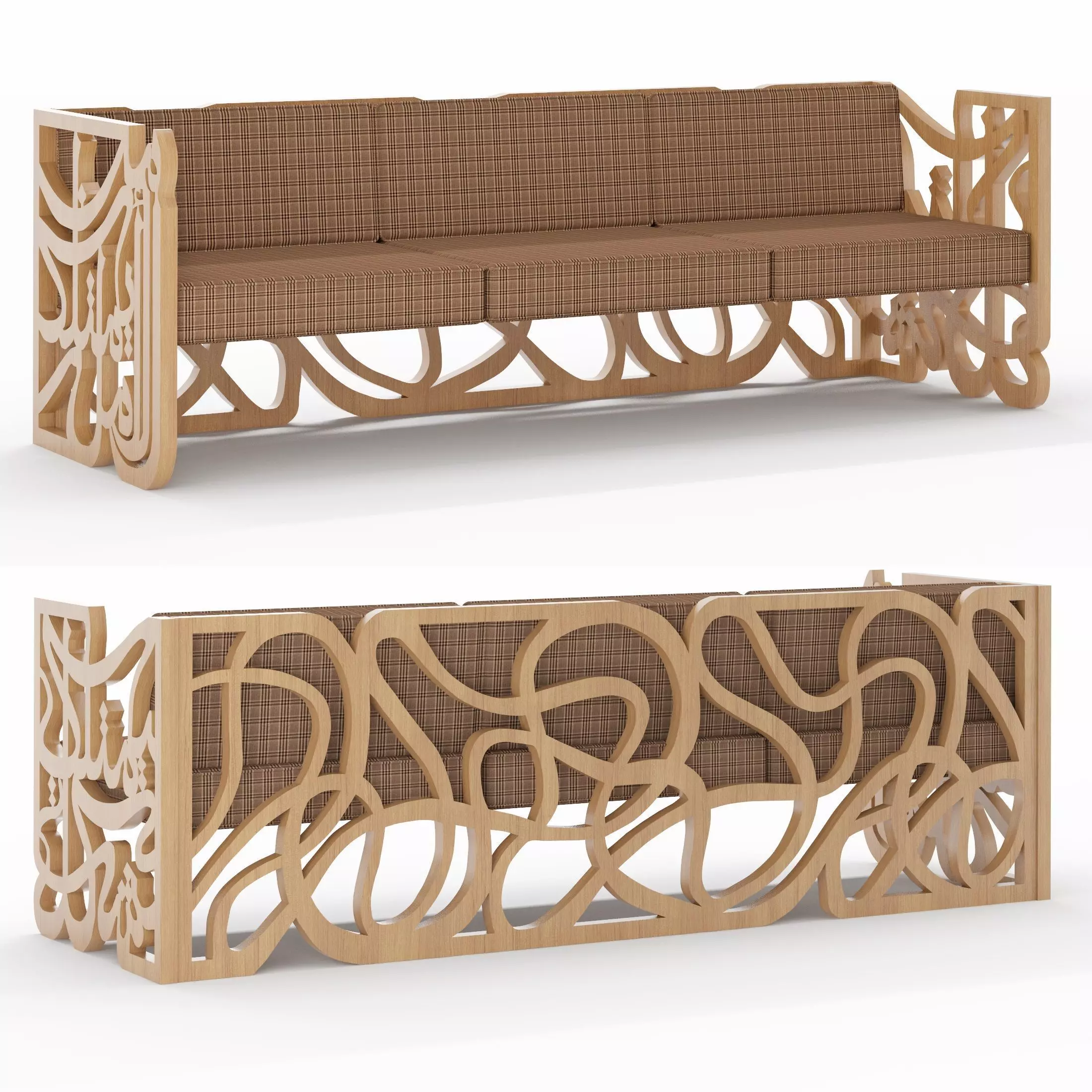 wooden sofa with arabic calligraphy 3D model 3D model_0