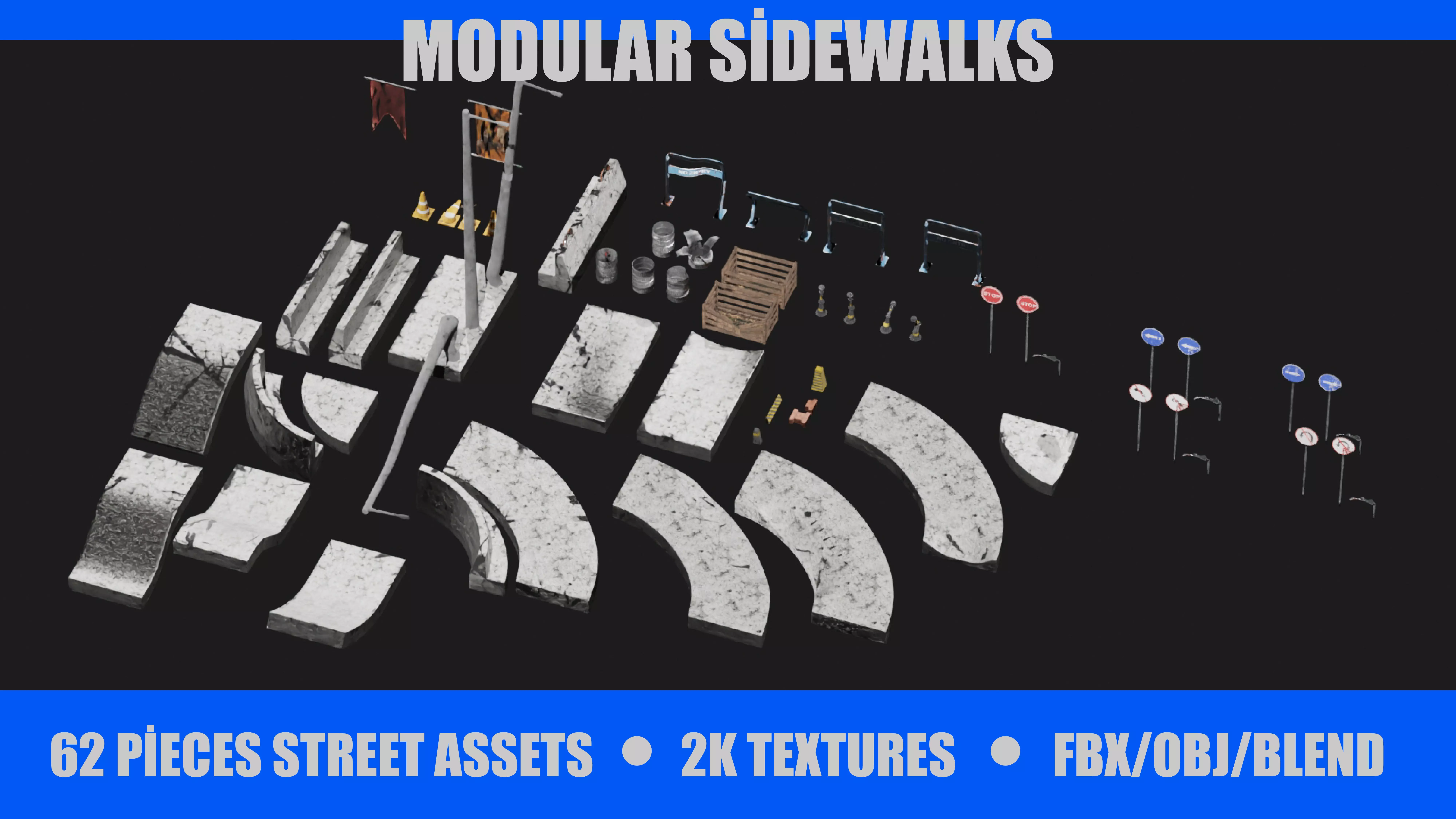 Street Assets 62 Pieces Pack Low-poly 3D model_0