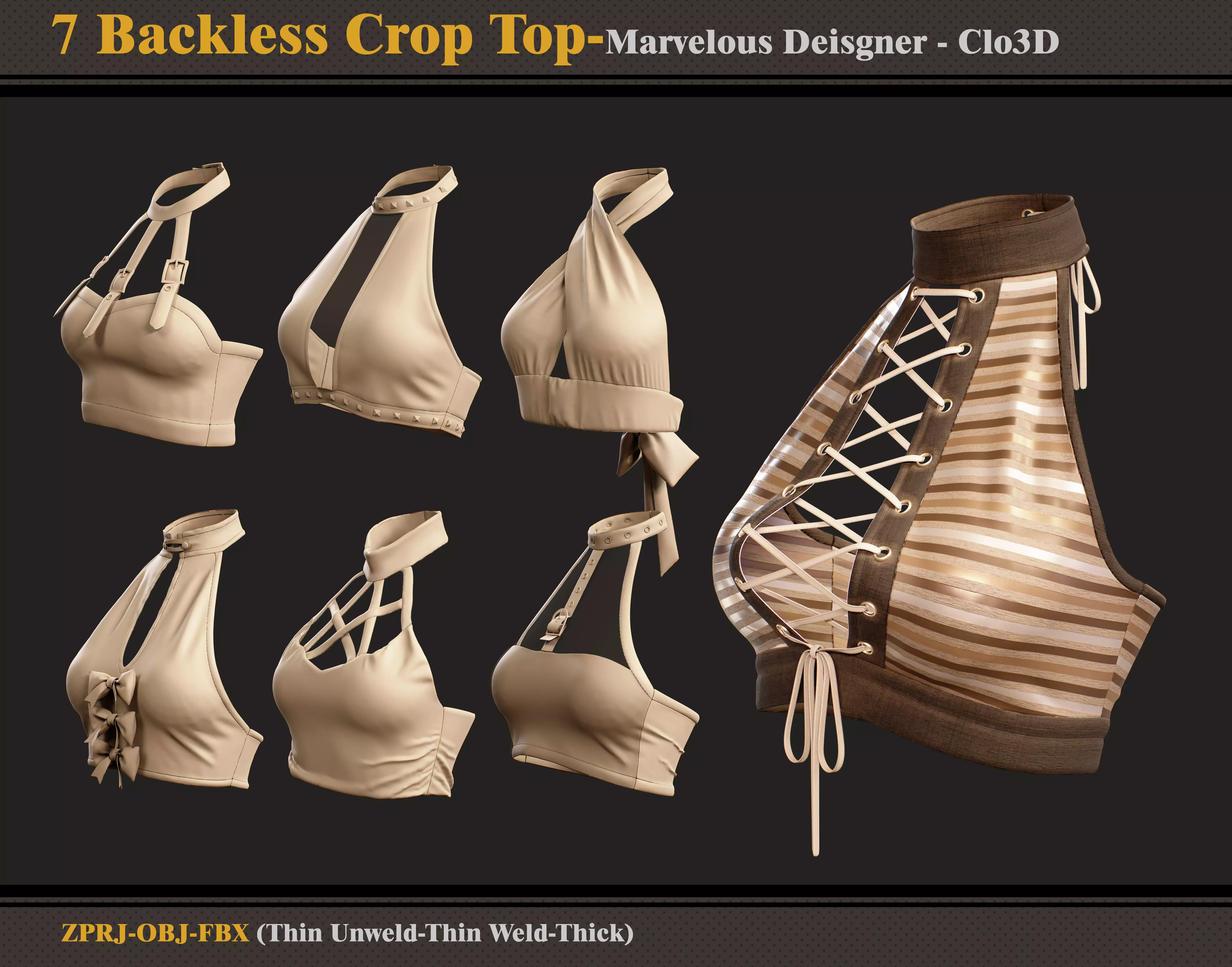 7 Backless Crop Tops-Marvelous Designer - FBX - OBJ  3D model_0