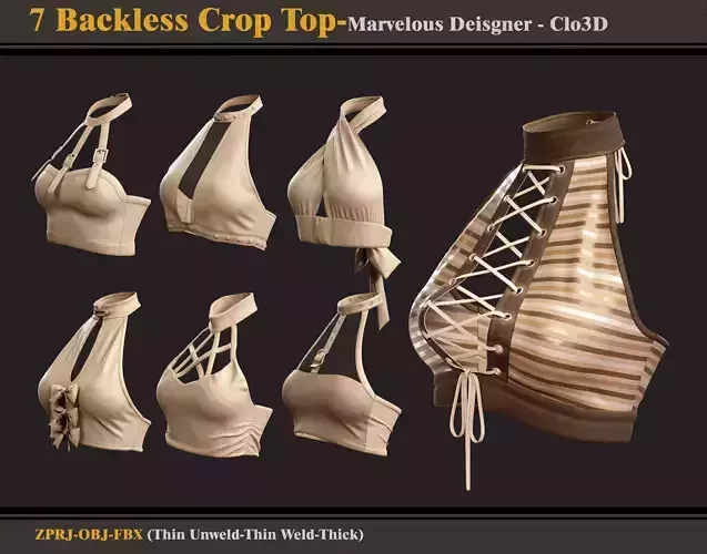7 Backless Crop Tops-Marvelous Designer - FBX - OBJ  3D model