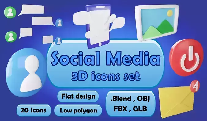 Social media 3D icon flat design collection no 1 Low-poly 3D model