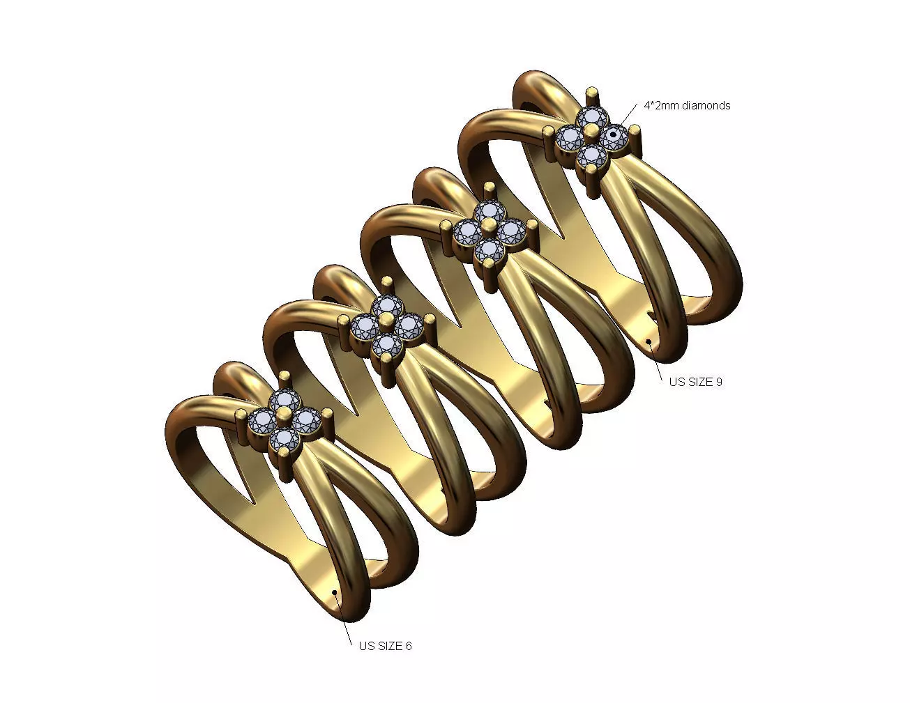 Crossed bands square cluster diamond ring US sizes 6to9 3D print model_0