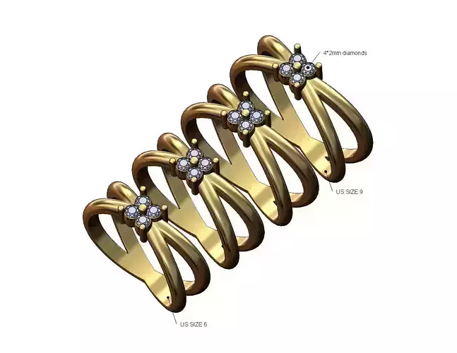 Crossed bands square cluster diamond ring US sizes 6to9