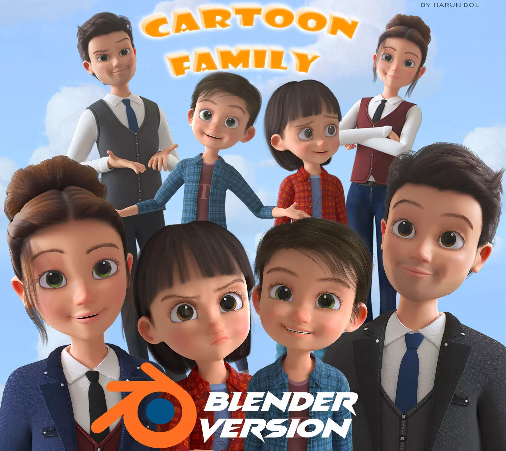 Cartoon Family 2 - Mother Father Son Daughter - BLENDER VERSION Low-poly 3D model_0
