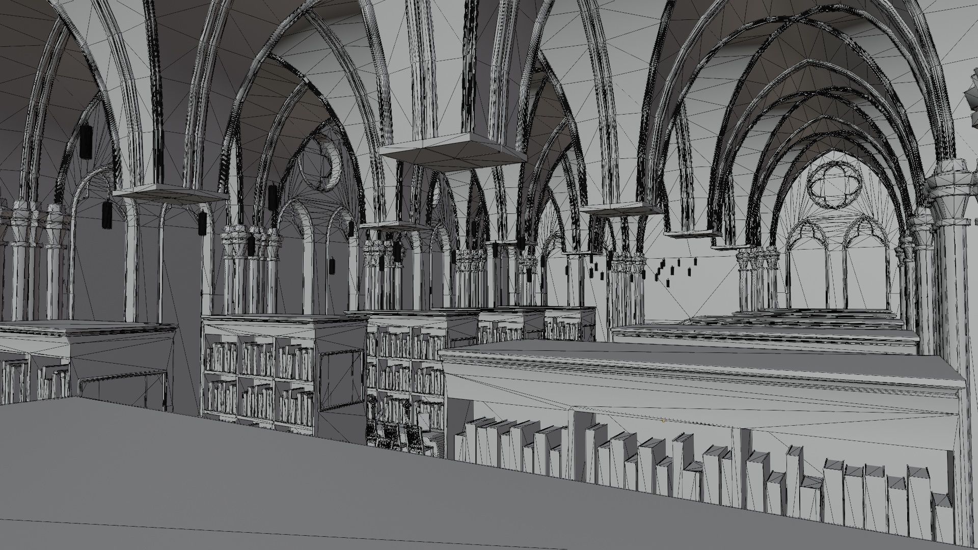 Library old room public Gothic props modular Low-poly 3D model_17