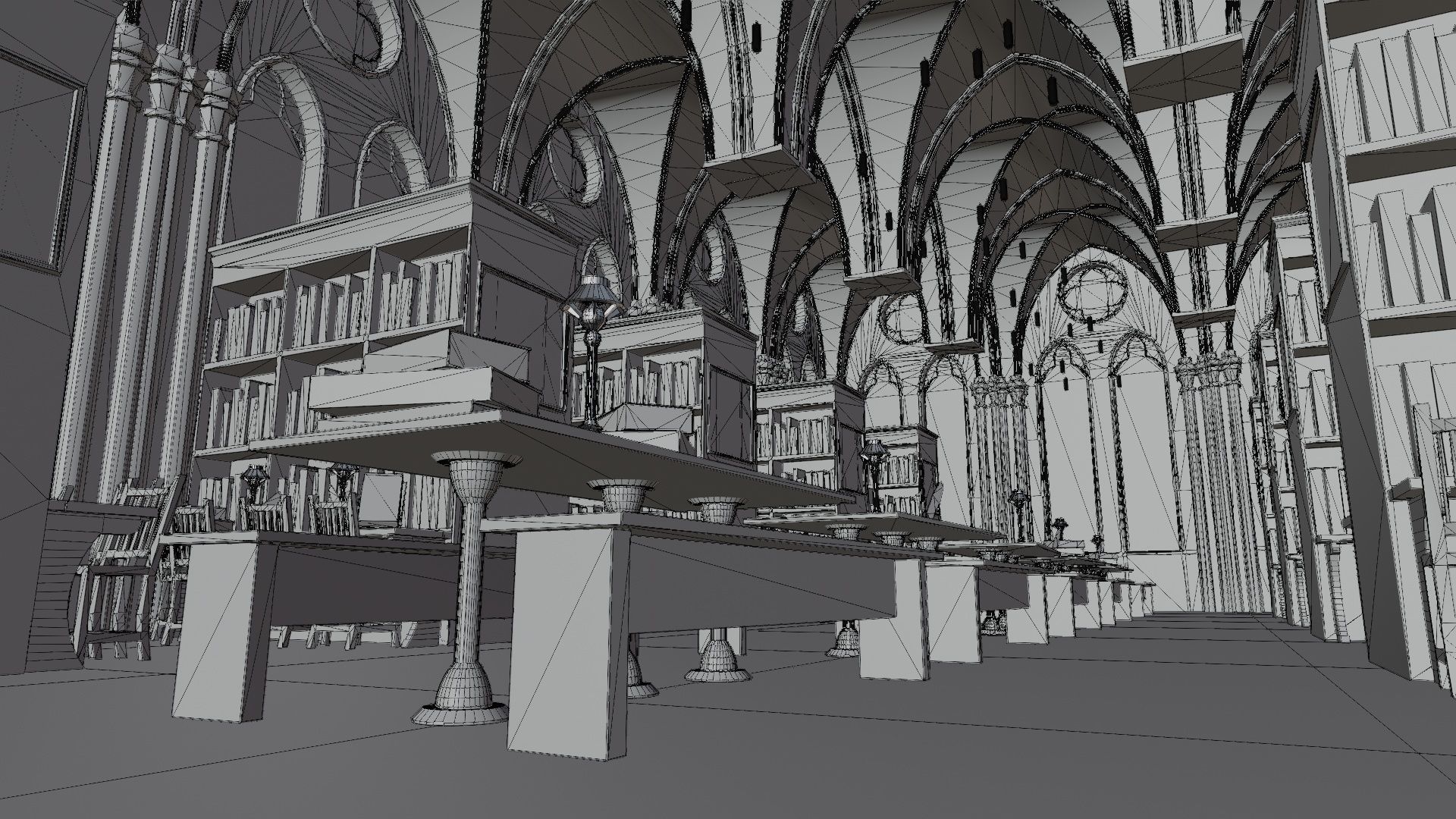 Library old room public Gothic props modular Low-poly 3D model_15