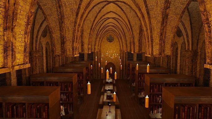 Library old room public Gothic props modular Low-poly 3D model 7