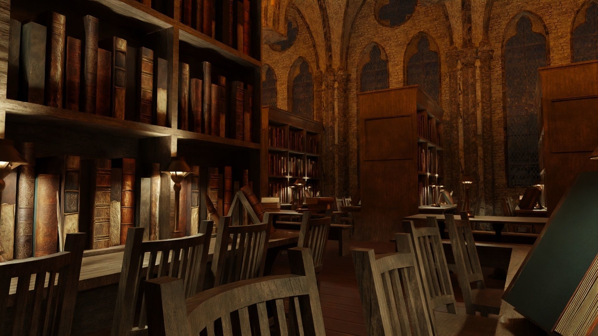 Library old room public Gothic props modular Low-poly 3D model_4