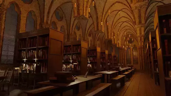 Library old room public Gothic props modular Low-poly 3D model