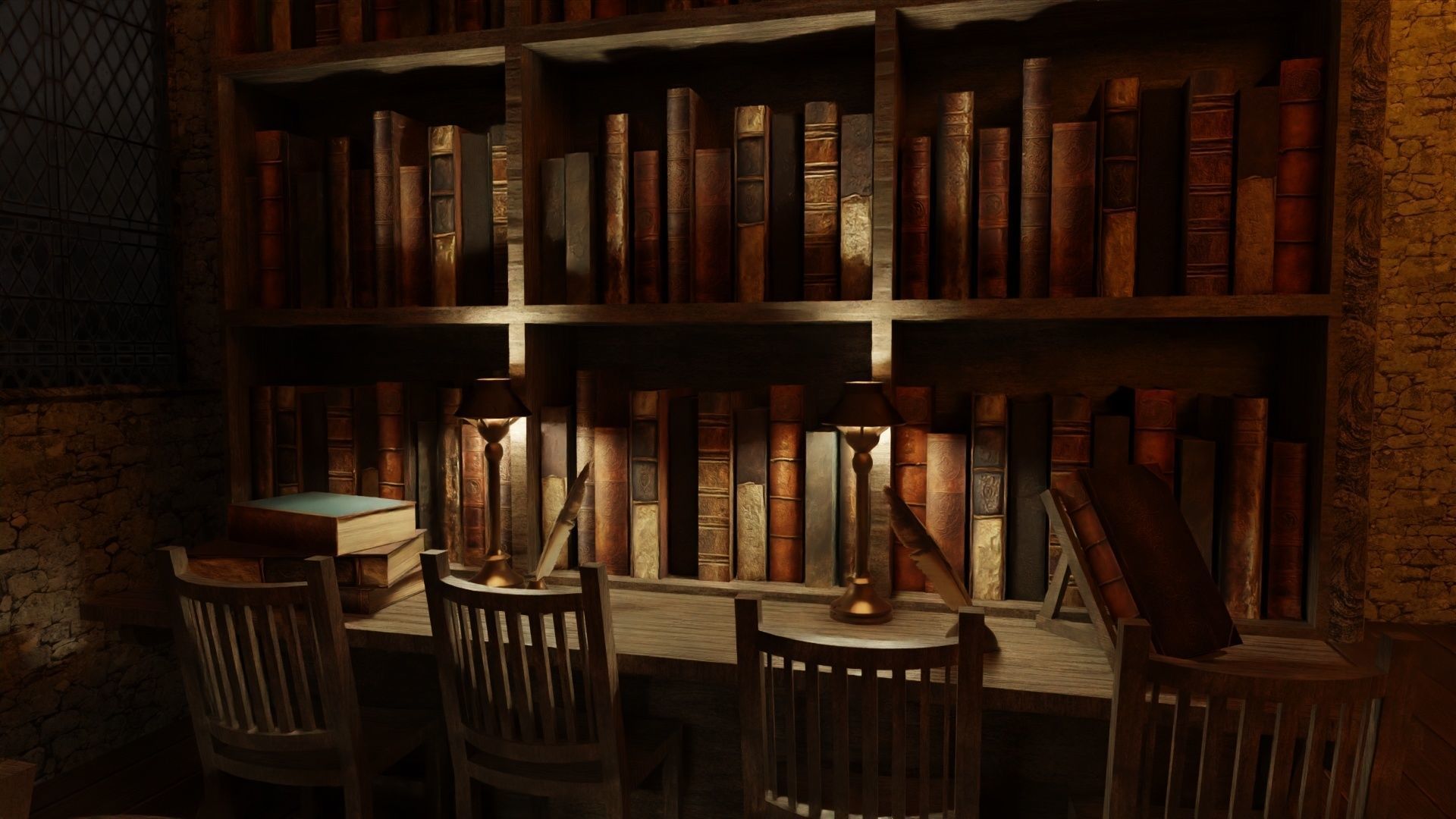 Library old room public Gothic props modular Low-poly 3D model_8