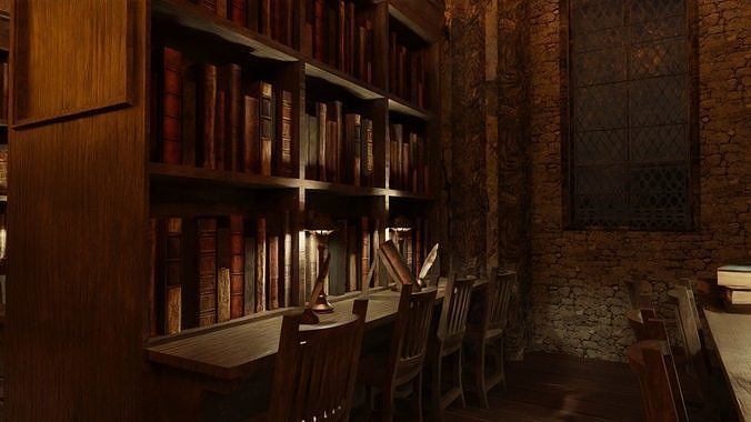 Library old room public Gothic props modular Low-poly 3D model 3