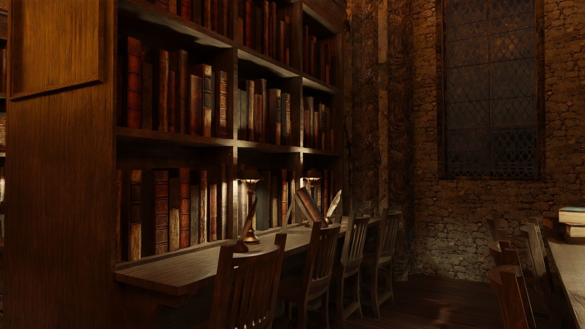 Library old room public Gothic props modular Low-poly 3D model_2