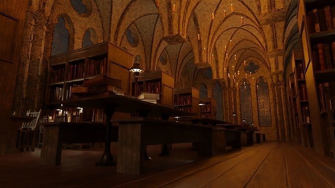 Library old room public Gothic props modular Low-poly 3D model 6