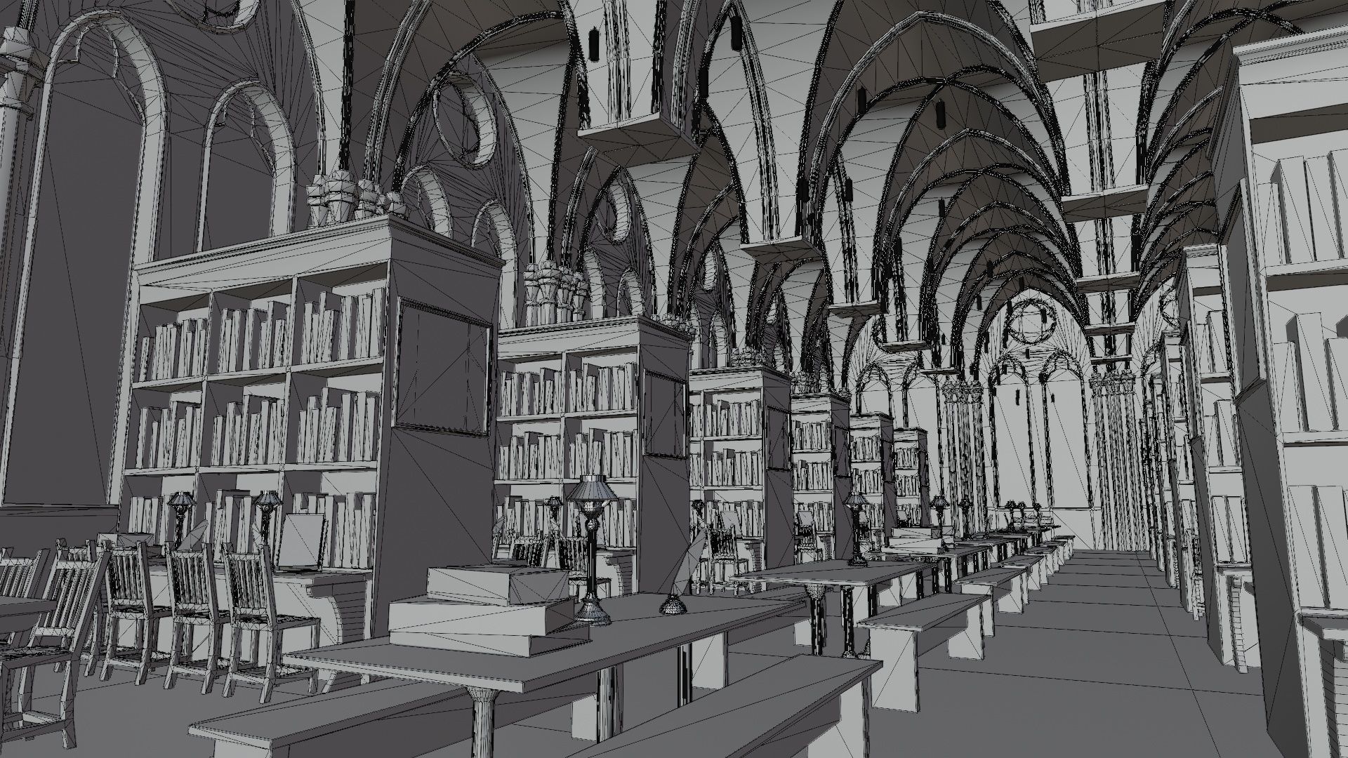 Library old room public Gothic props modular Low-poly 3D model_10