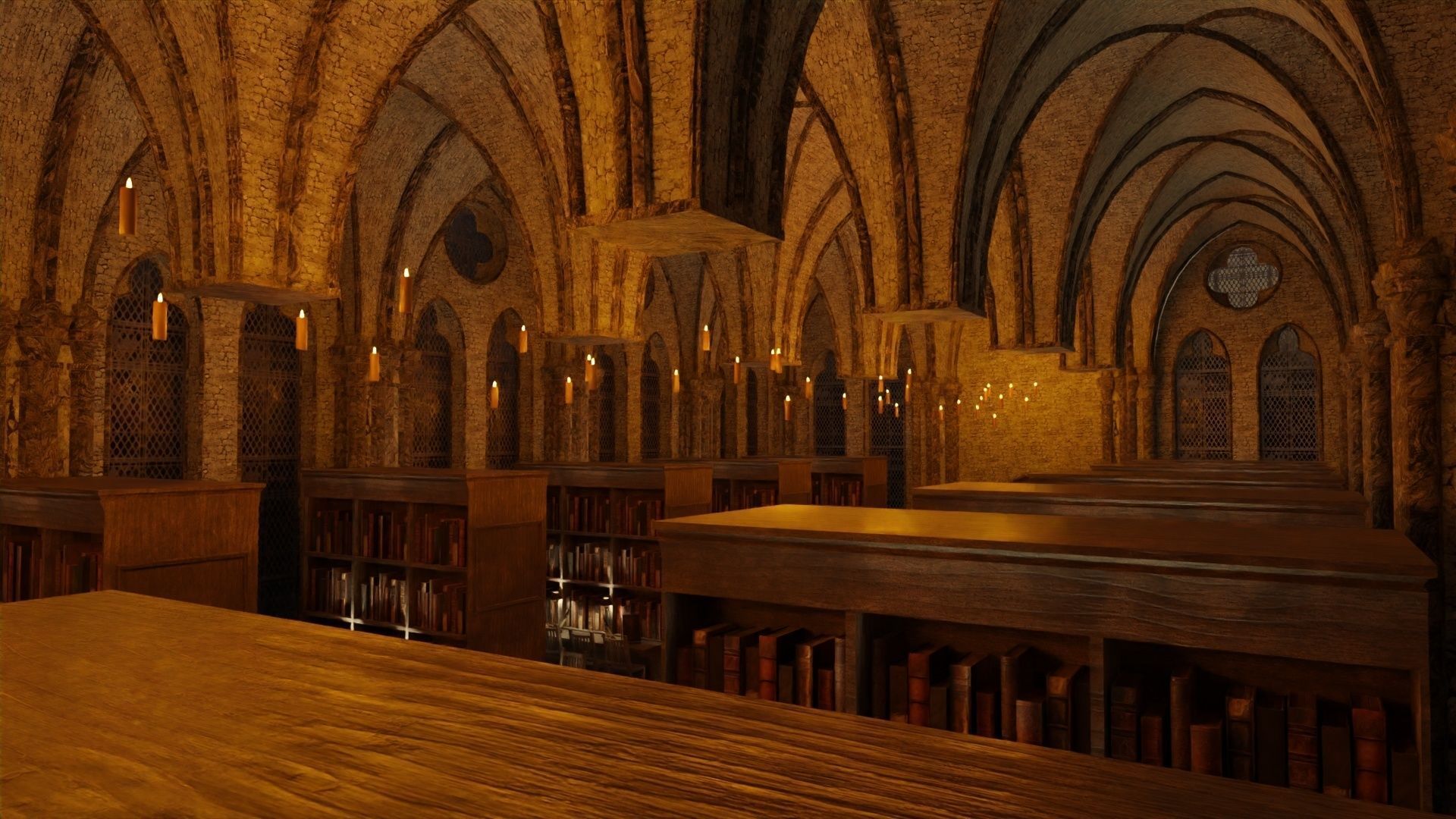Library old room public Gothic props modular Low-poly 3D model_7
