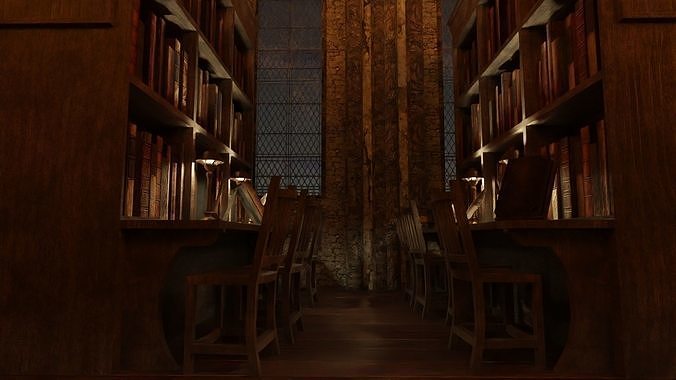 Library old room public Gothic props modular Low-poly 3D model 4