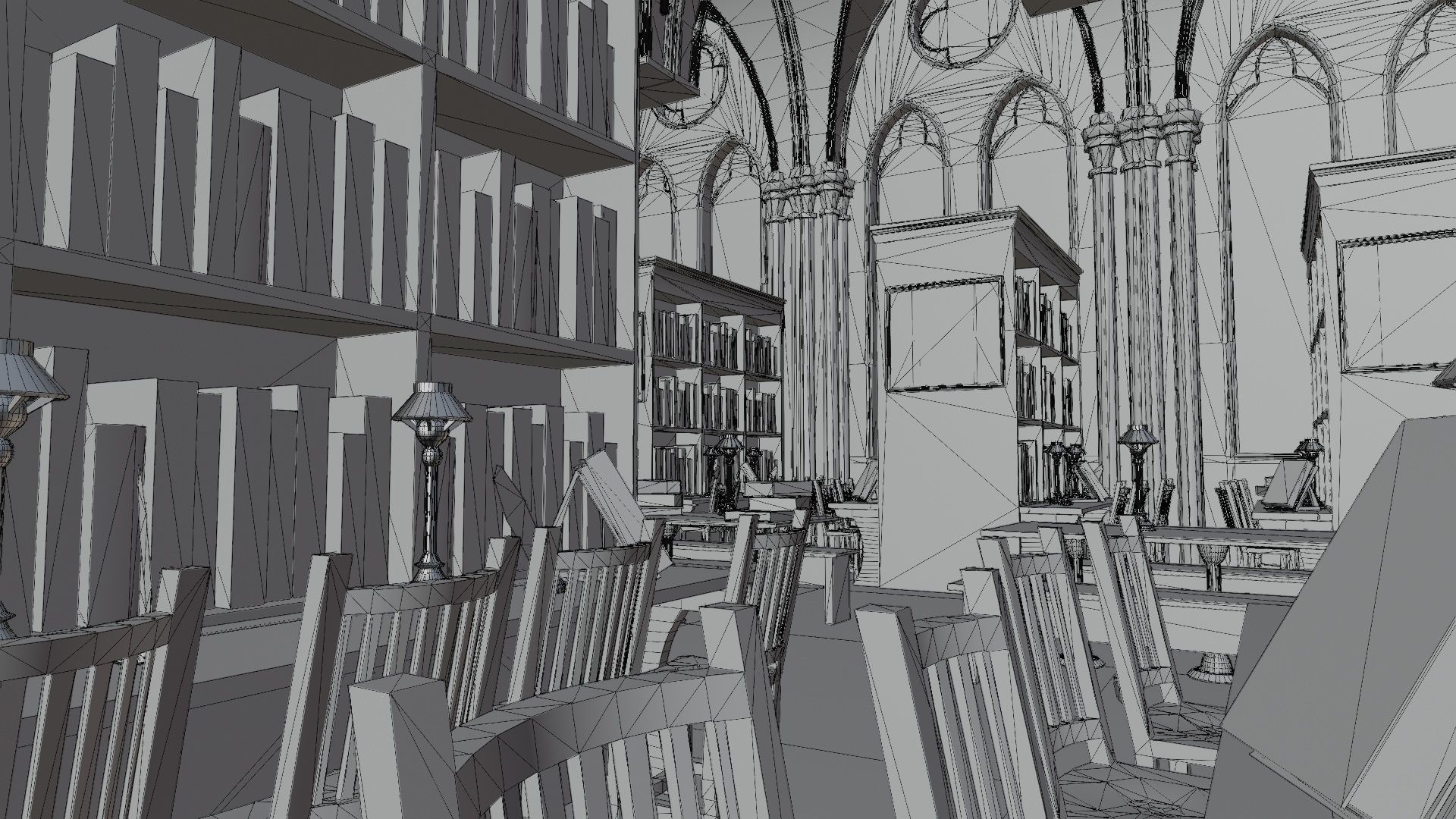 Library old room public Gothic props modular Low-poly 3D model_14
