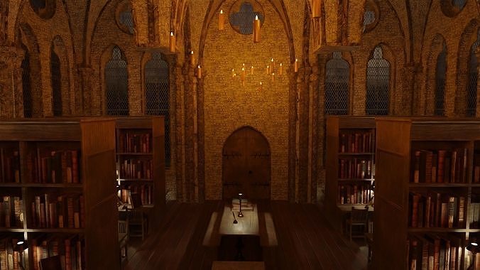 Library old room public Gothic props modular Low-poly 3D model 2