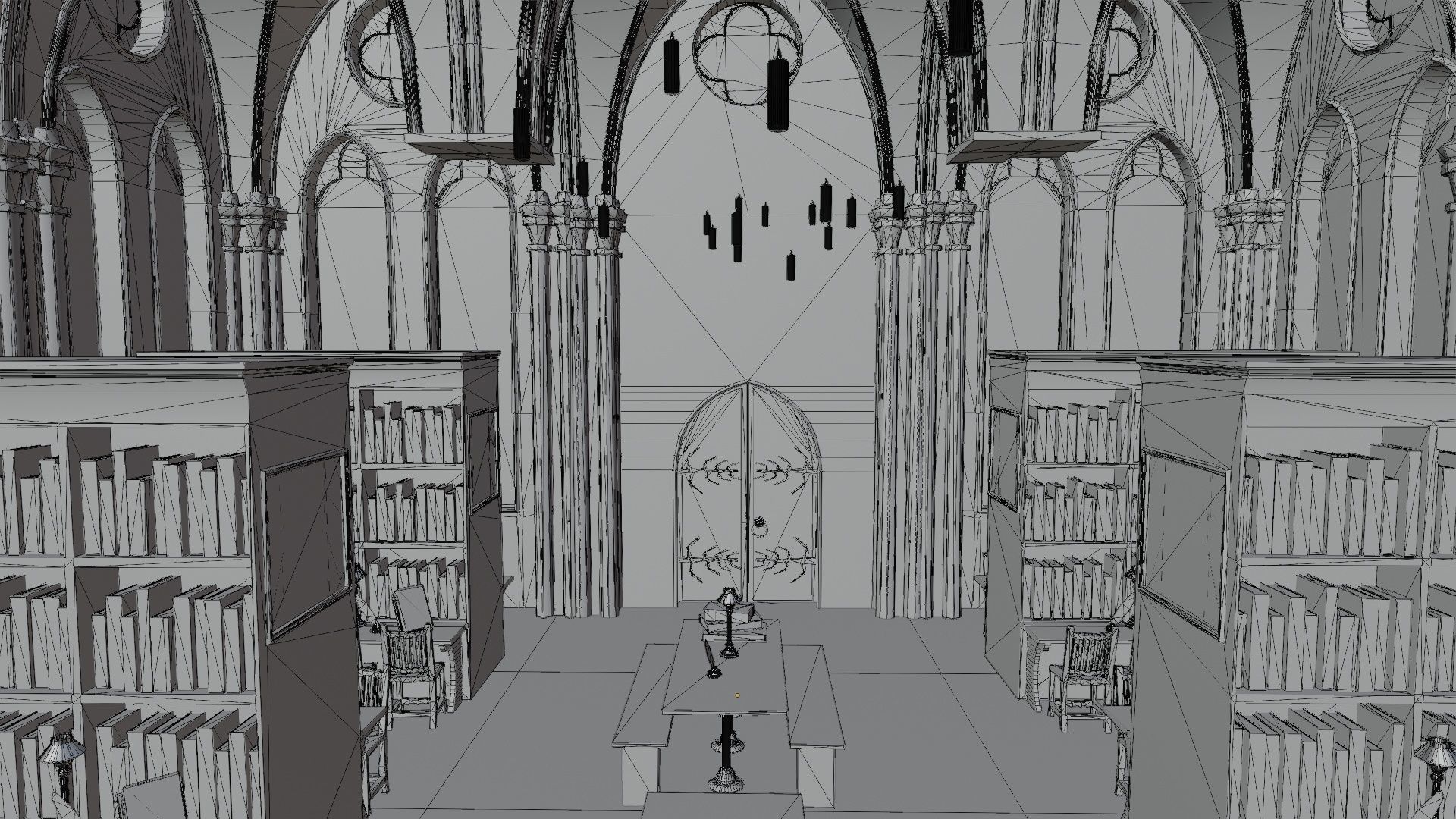 Library old room public Gothic props modular Low-poly 3D model_11