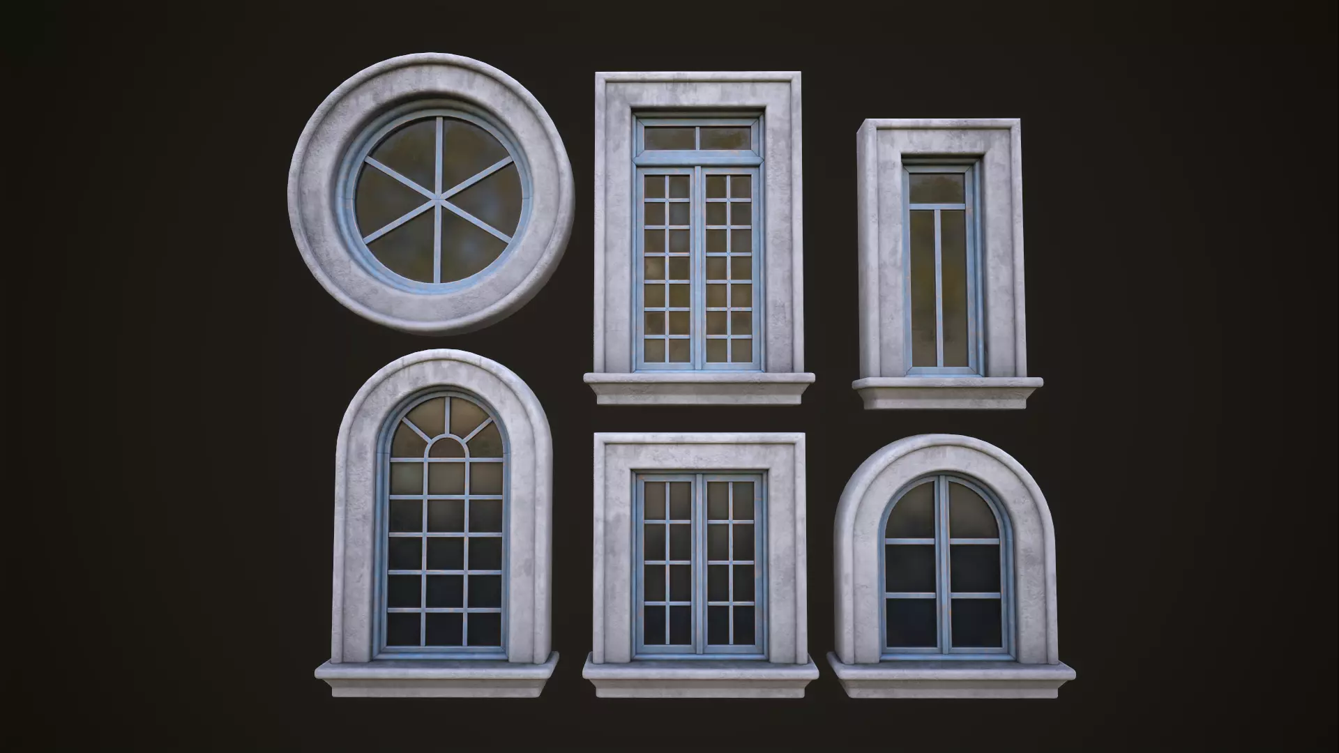 Six different windows Low-poly 3D model_0