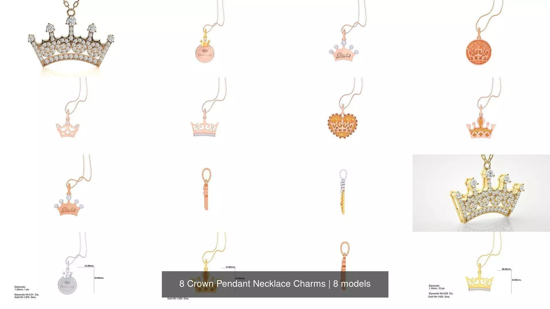 8 Crown Pendant Necklace Charms 3D Model Collection_0