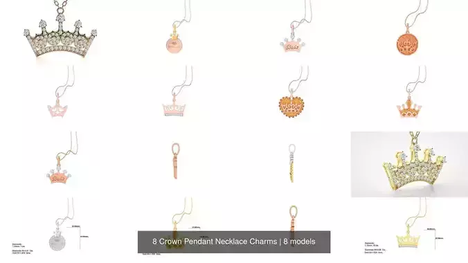 8 Crown Pendant Necklace Charms 3D Model Collection