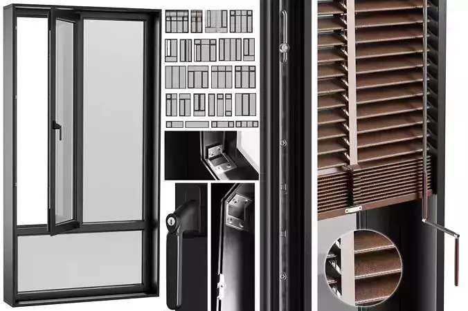 open window - close metal window with metal - leather blinds