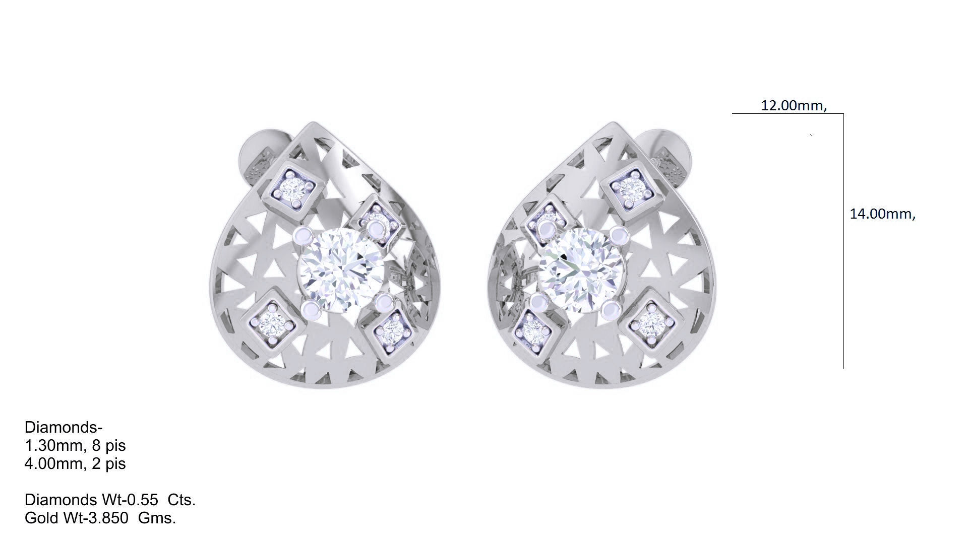 Women solitaire studs mesh Earrings 3dm stl 3mf obj glb gltf mtl 3D print model_3