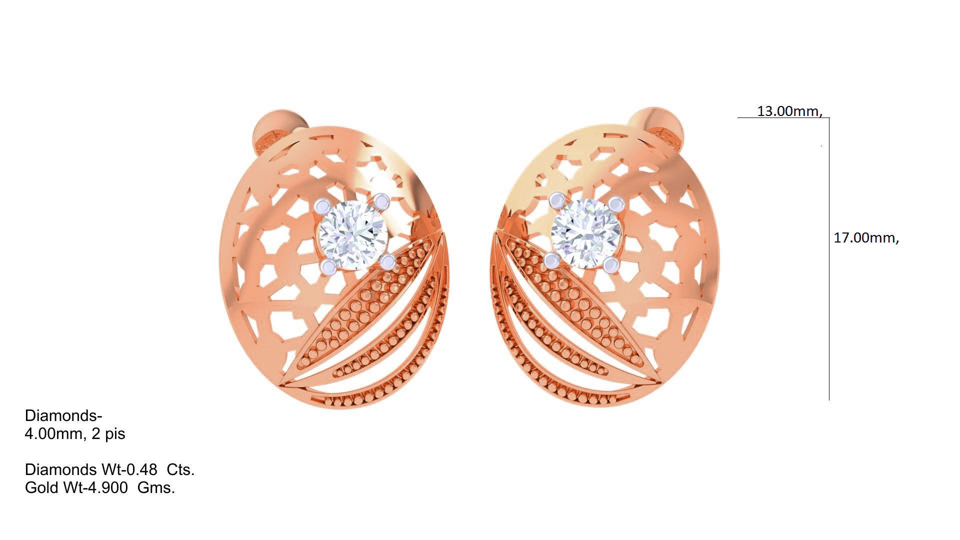 Women solitaire studs mesh Earrings 3dm stl 3mf obj glb gltf mtl 3D print model_3