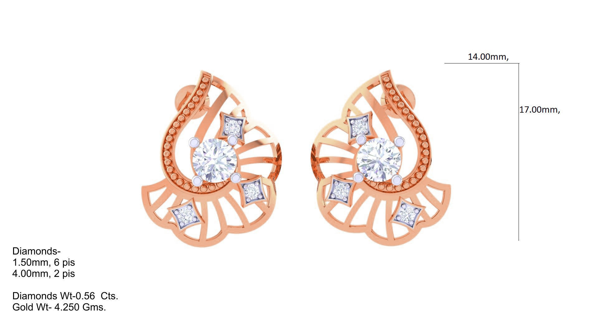 Women solitaire studs mesh Earrings 3dm stl 3mf obj glb gltf mtl 3D print model_3